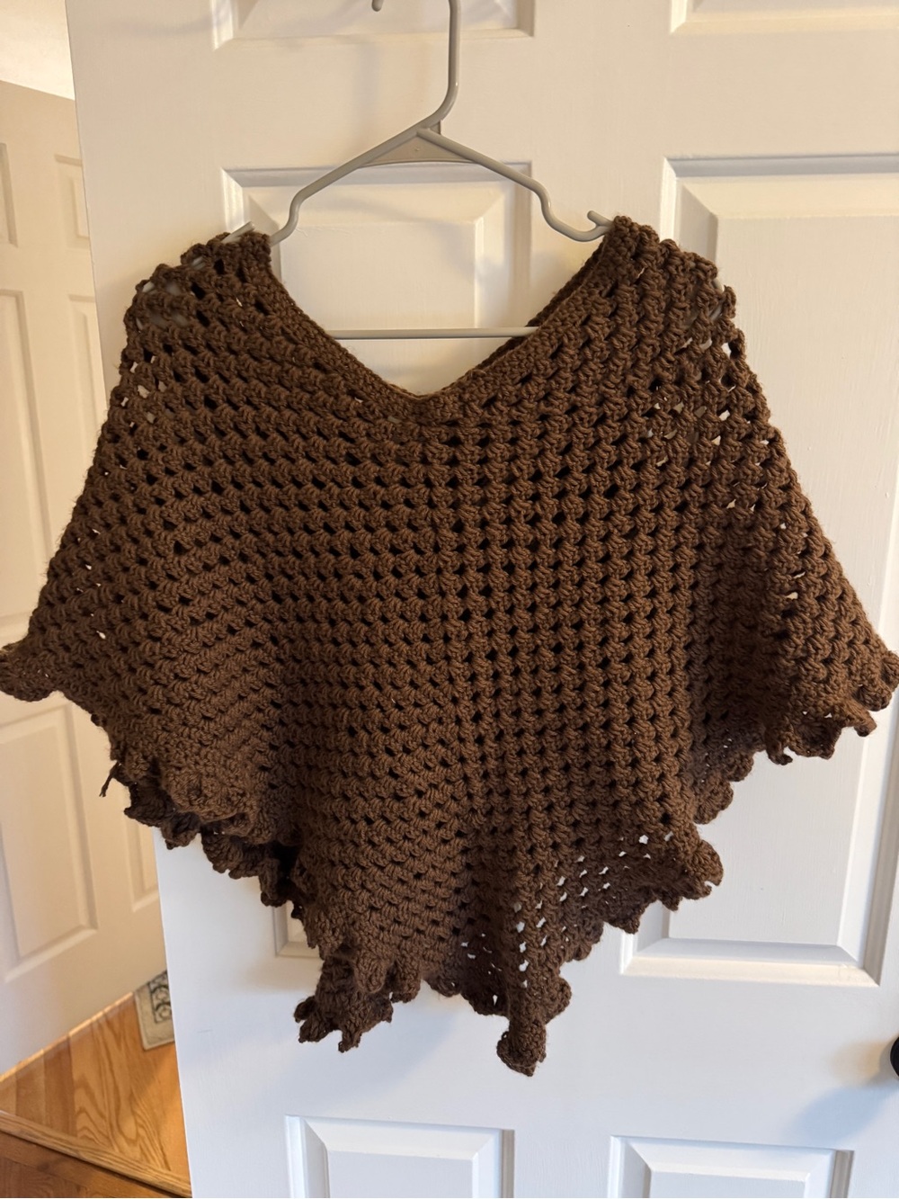 Hand-Crocheted Brown V-Neck Poncho Sweater